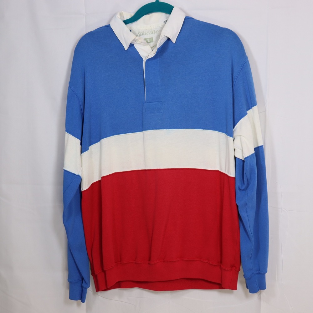St Johns Bay Rugby‎ Shirt Mens Large Blue White Red Colorblock Long Sleeve Polo